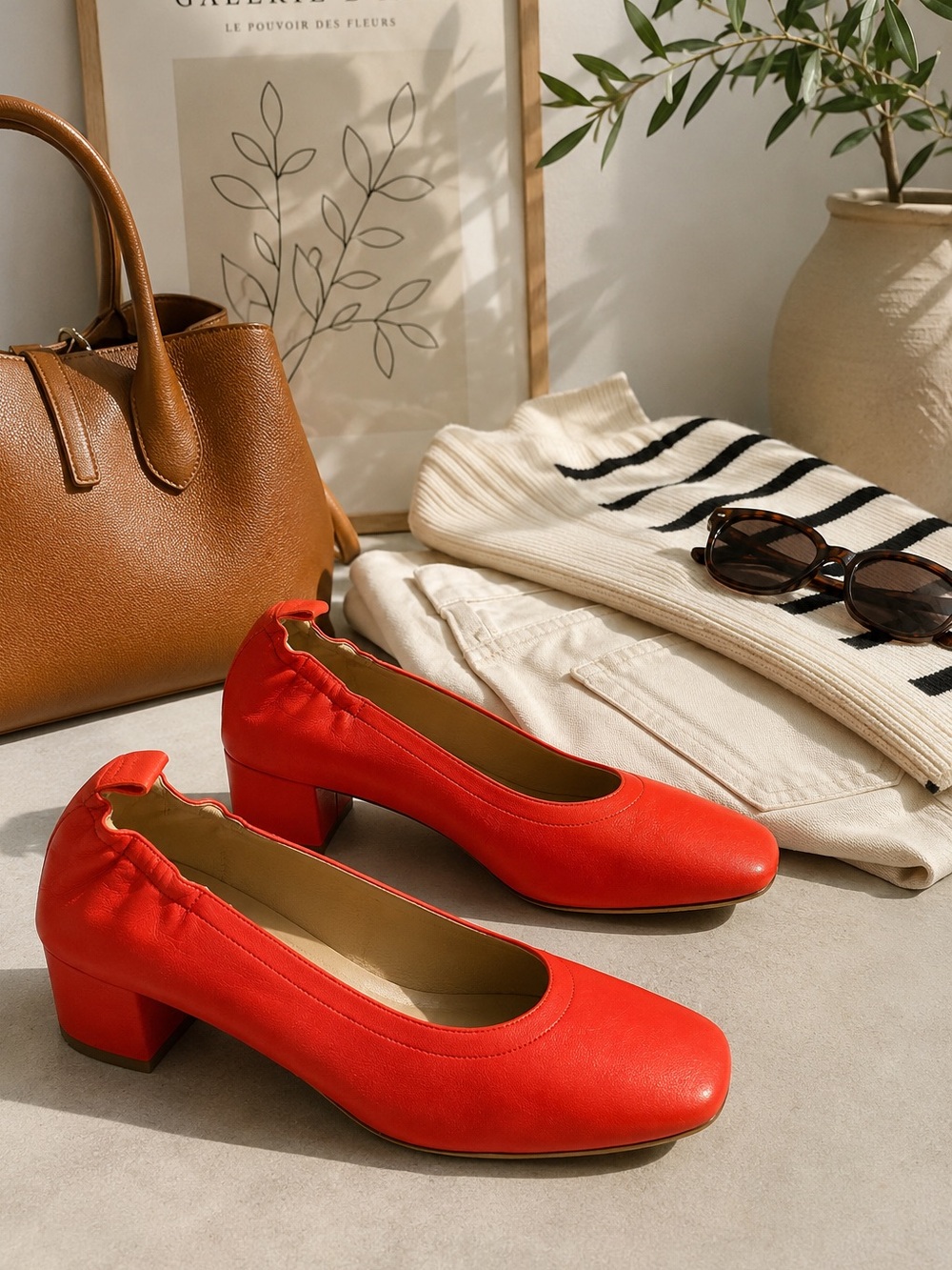 Everlane Coral Leather Block Heel Pumps Scalloped Back Size 9 Made in Italy